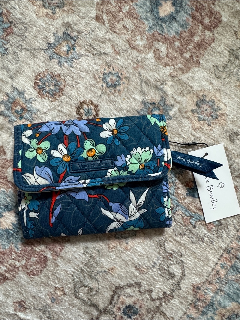 New Vera Bradley Quilted Floral Trifold Wallet - Navy Flower FRID protection